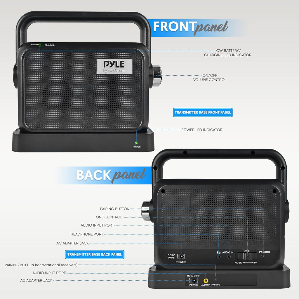 Pyle Wireless Portable Speaker Soundbox - 2.4ghz Full Range Stereo Sound Digital TV MP3 iPod Analog Cable w/ Headset Jack Voice Enhancing Audio Hearing Assistance - PTVSP18BK