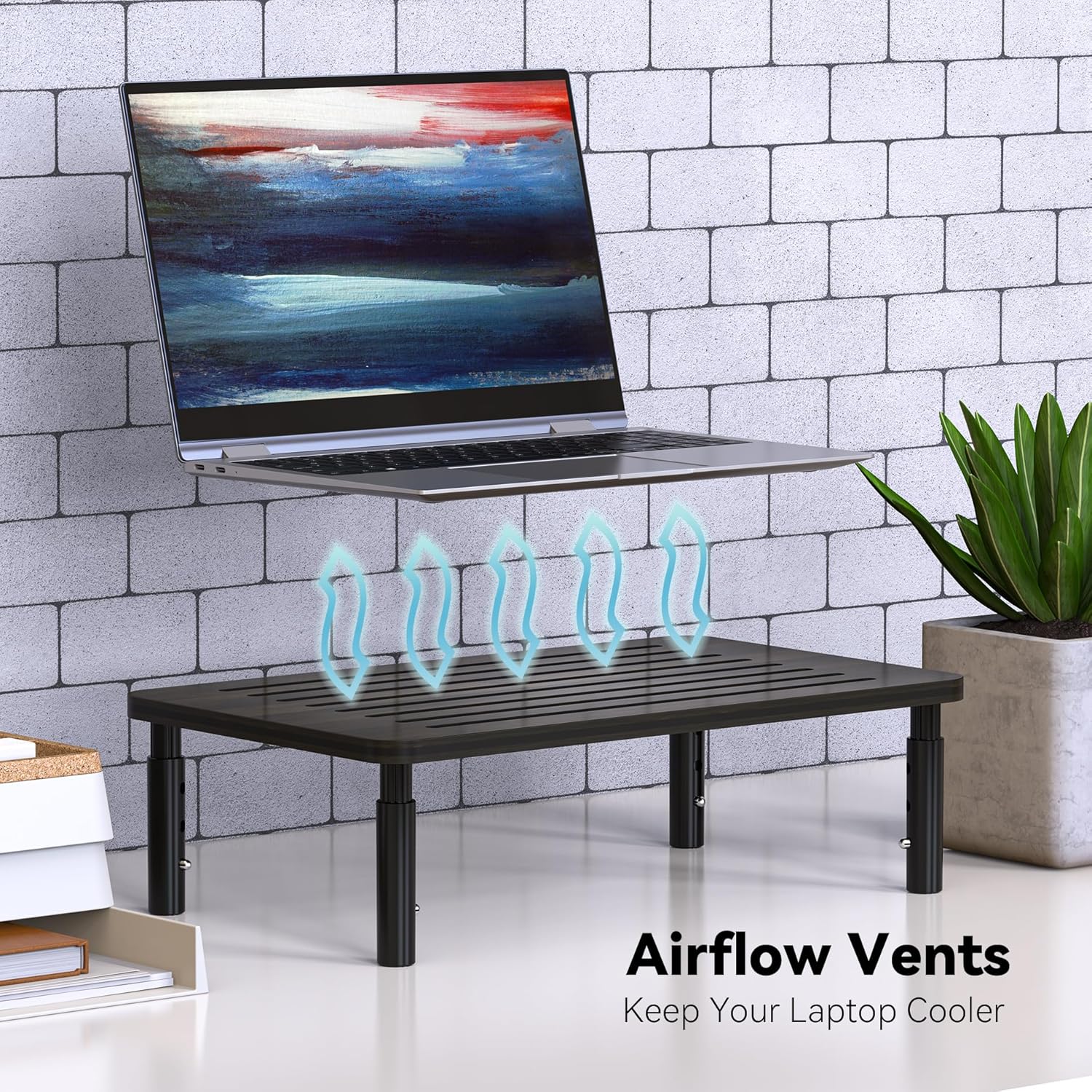 Bamboo Monitor Stand Riser, 4 Adjustable Height, 15.55x9.25 Laptop Stand with Airflow Vents, Desk Organizer for Computer, PC, Printer (Wenge)