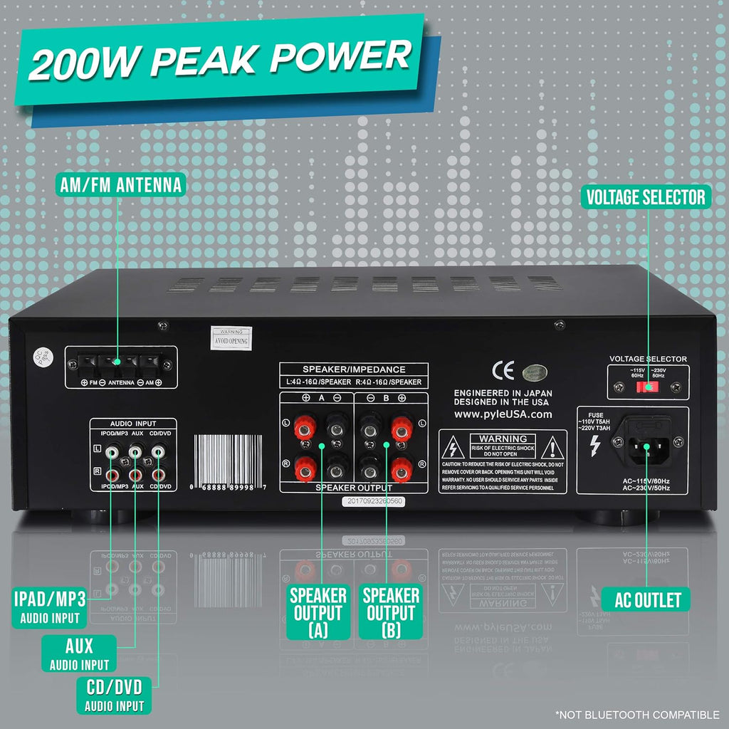 Pyle 200W Home Audio Power Amplifier - Stereo Receiver w/AM FM Tuner, 2 Microphone Input w/Echo for Karaoke, Great Addition to Your Home Entertainment Speaker System - PT260A.5