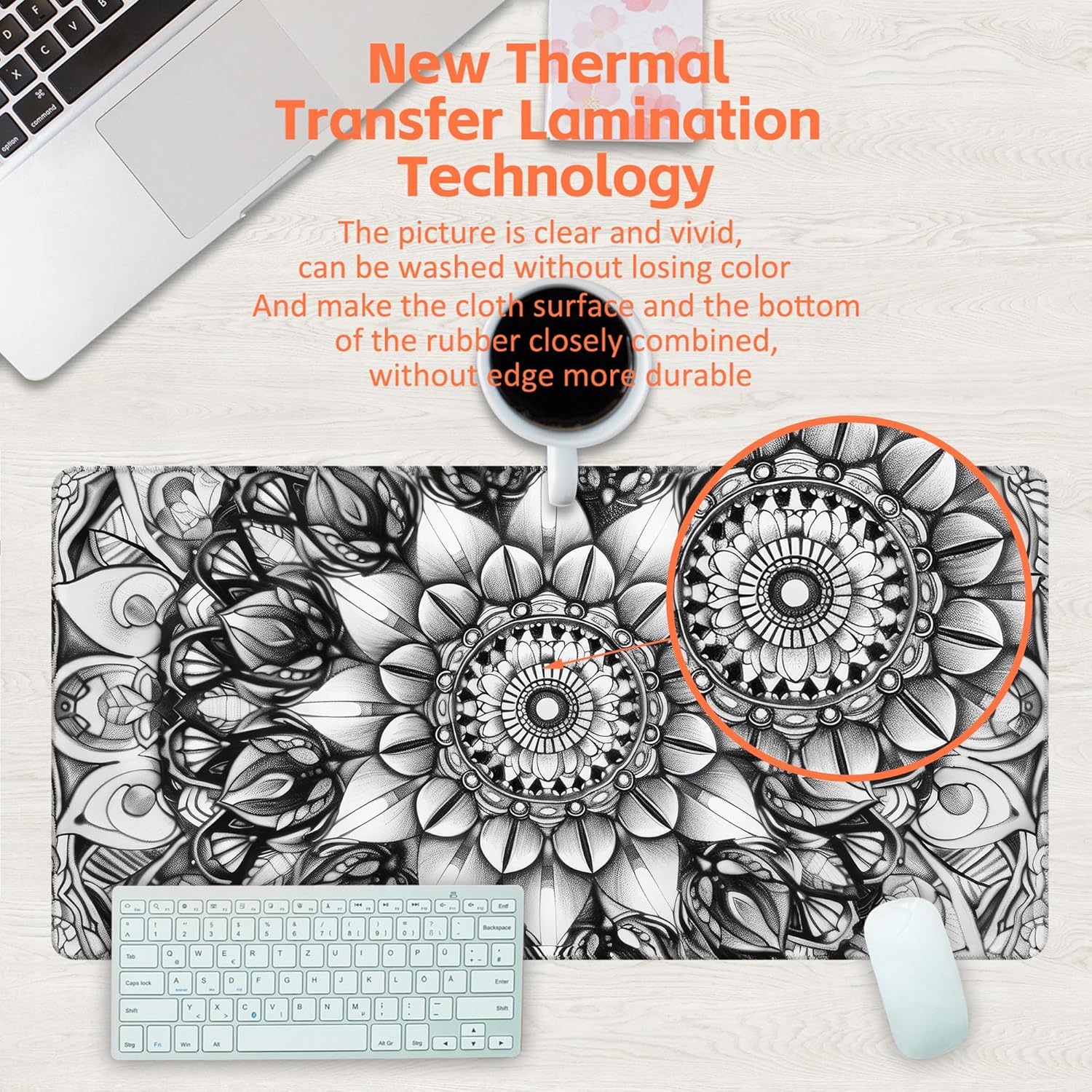 Large Gaming Mouse Pad for Desk, Black and White Mandala Desk Mat, Mandala Flower Desk Pad, 31.5"x15.7" Extended Big Computer Keyboard Mouse Pad with Non-Slip Base and Stitched Edge