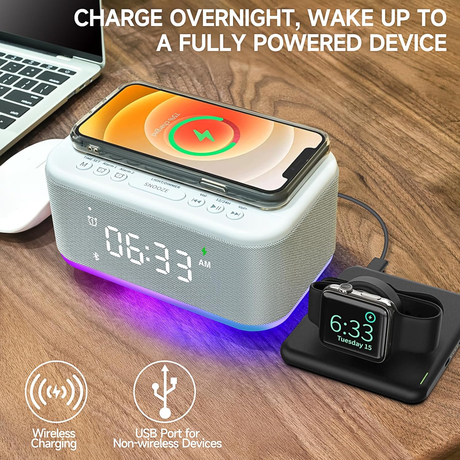 Alarm Clock Speaker Wireless Charger, Digital Alarm Clocks Bedrooms Bluetooth, Alarm Clock Dimmable Light Bedrooms Dual Alarm Snooze Dimmer 12 24H RGB Night Light Bluetooth USB AUX, Gray