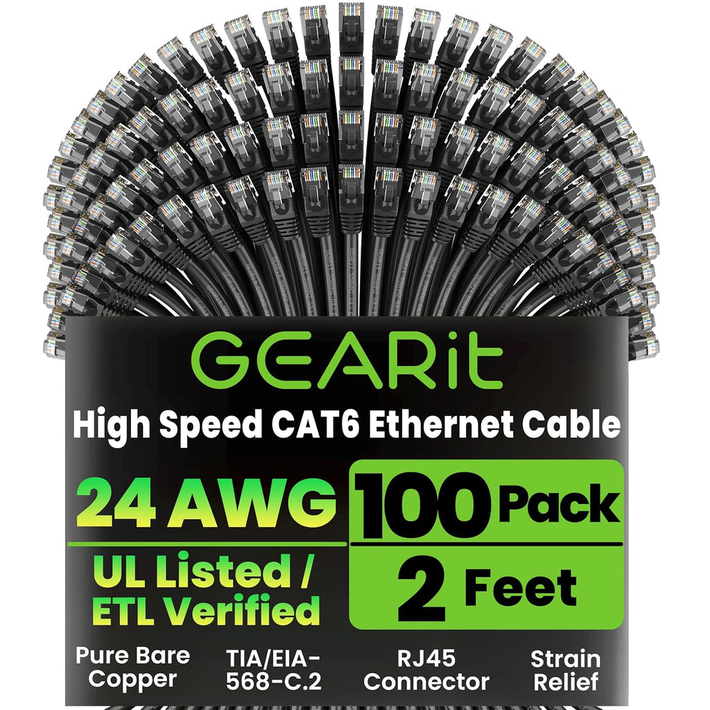 GEARit Cat 6 Ethernet Cable Pack - 100-Pack 2 ft Cat6 Ethernet Patch Cables | RJ45 Network Patch Cable, 10 Gbps Snagless Gold-Plated Connectors - Ethernet Cable Cat 6 for PC, TV, Router - Black