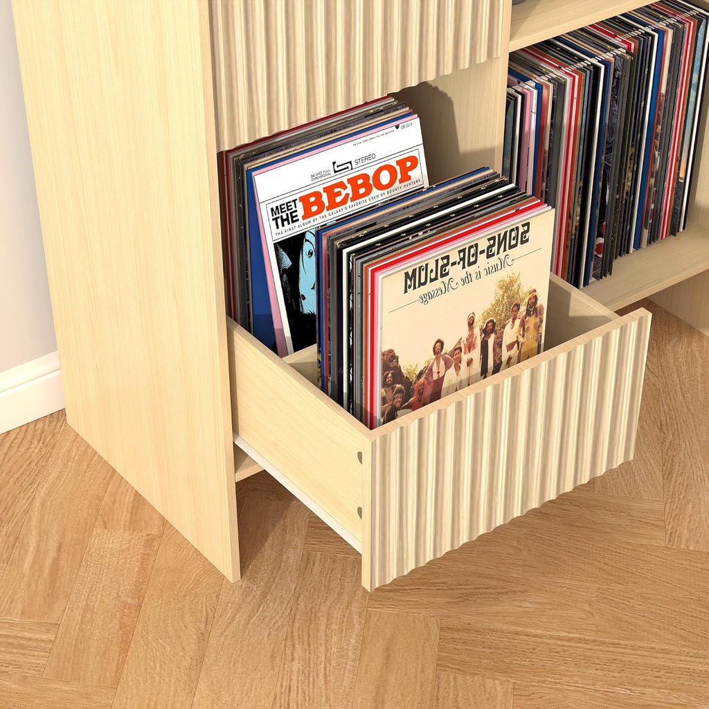 Record Player Stand with Vinyl Storage - Mid Century Modern Turntable Stand with Adjustable Shelves & Cable Hole, Record Player Table with 4 Cubes for Living Room, Bedroom, Oak