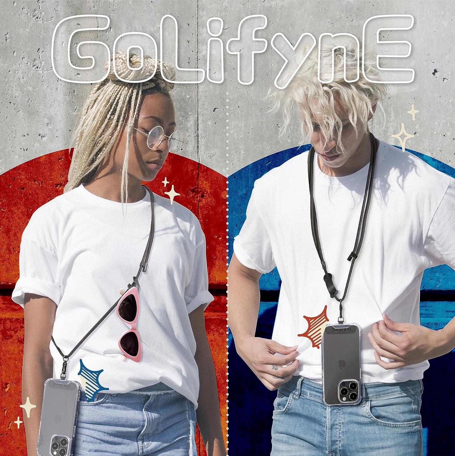 Universal Phone Lanyard, Anti-Theft Crossbody Strap for iPhone 15 Pro Max and Most Smartphones, Adjustable Cell Phone Neck Holder w/ 2 Non-Adhesive Tether Tabs for Men and Women, Grey/Silver
