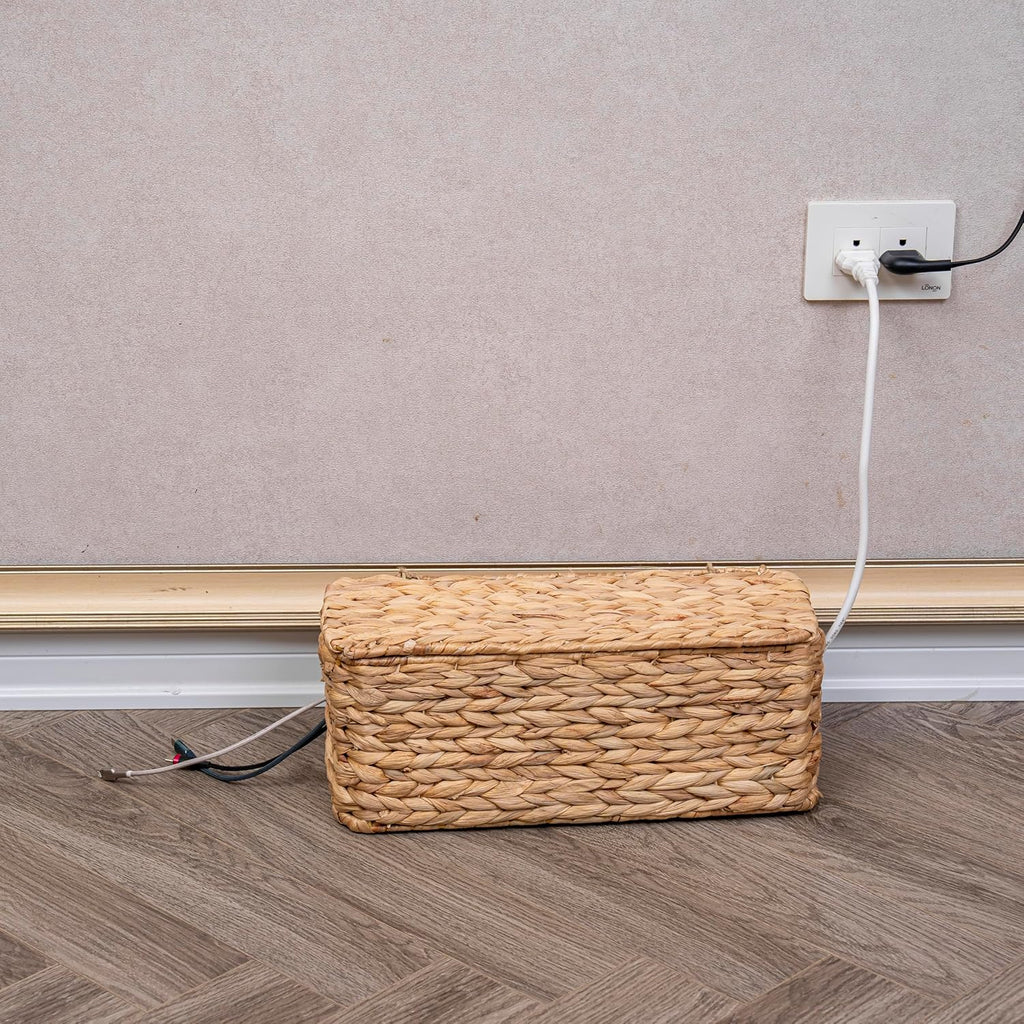 PEMAR Natural Wicker Cable Management Box, Cable Organizer, 2 Open Slots, Under Desk Cord Organizer, Cover & Hide Power Strips & Cords for TV Desk, Computer, Router, USB Hub (Natural Water Hyacinth)